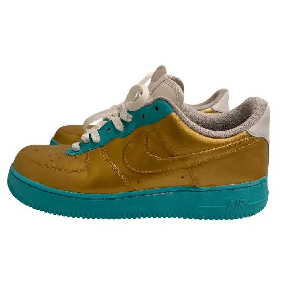 Nike Air Force 1 Low Custom Gold Teal Painted Leather Men’s 10.5